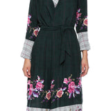 Plaid Floral Kimono in Cotton-Viscose Blend