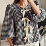 Chic Checkered Blouse with Puff Sleeves