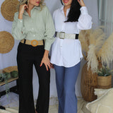 Square Buckle Metallic Finish Wide Elastic Belt
