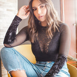 Exquisite Lace and Velvet Cuff Bodysuit