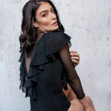 Waterfall Ruffle Bodysuit with Transparent Mesh Sleeves