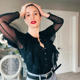 Waterfall Ruffle Bodysuit with Transparent Mesh Sleeves