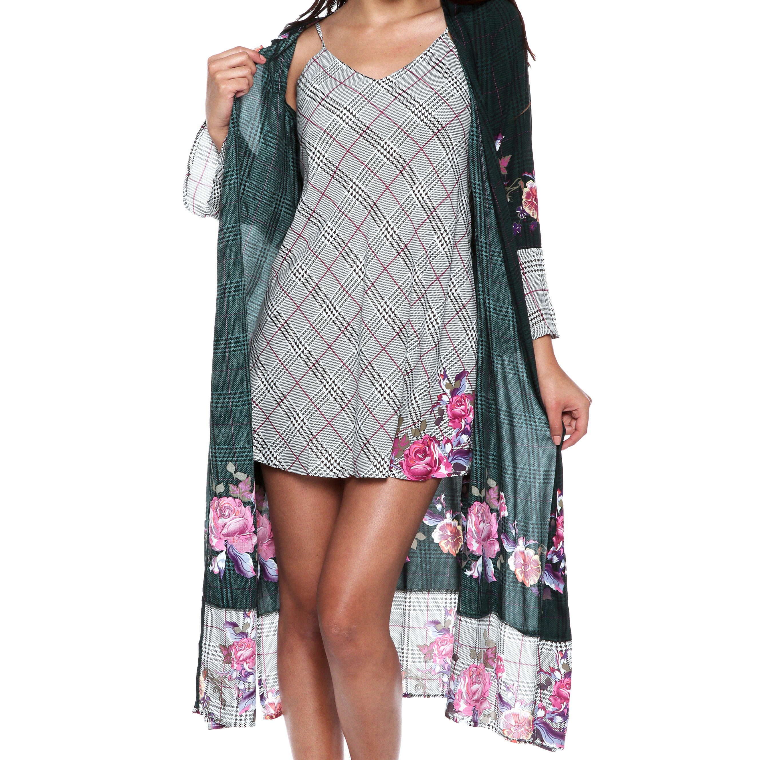 Plaid Floral Kimono in Cotton-Viscose Blend