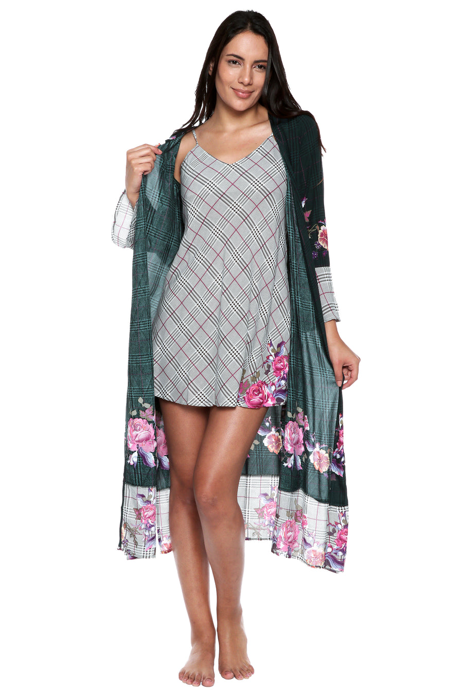 Plaid Floral Kimono in Cotton-Viscose Blend