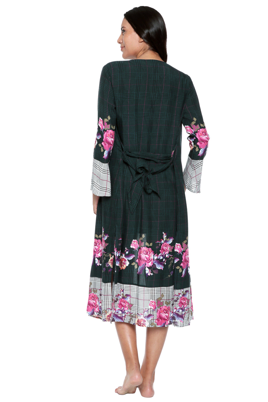 Plaid Floral Kimono in Cotton-Viscose Blend