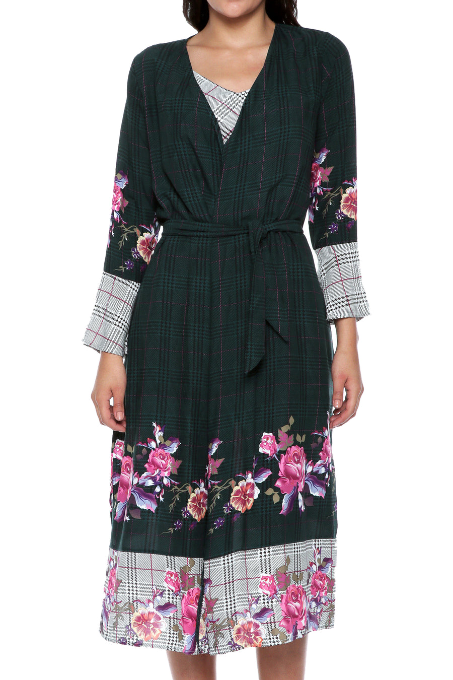Plaid Floral Kimono in Cotton-Viscose Blend