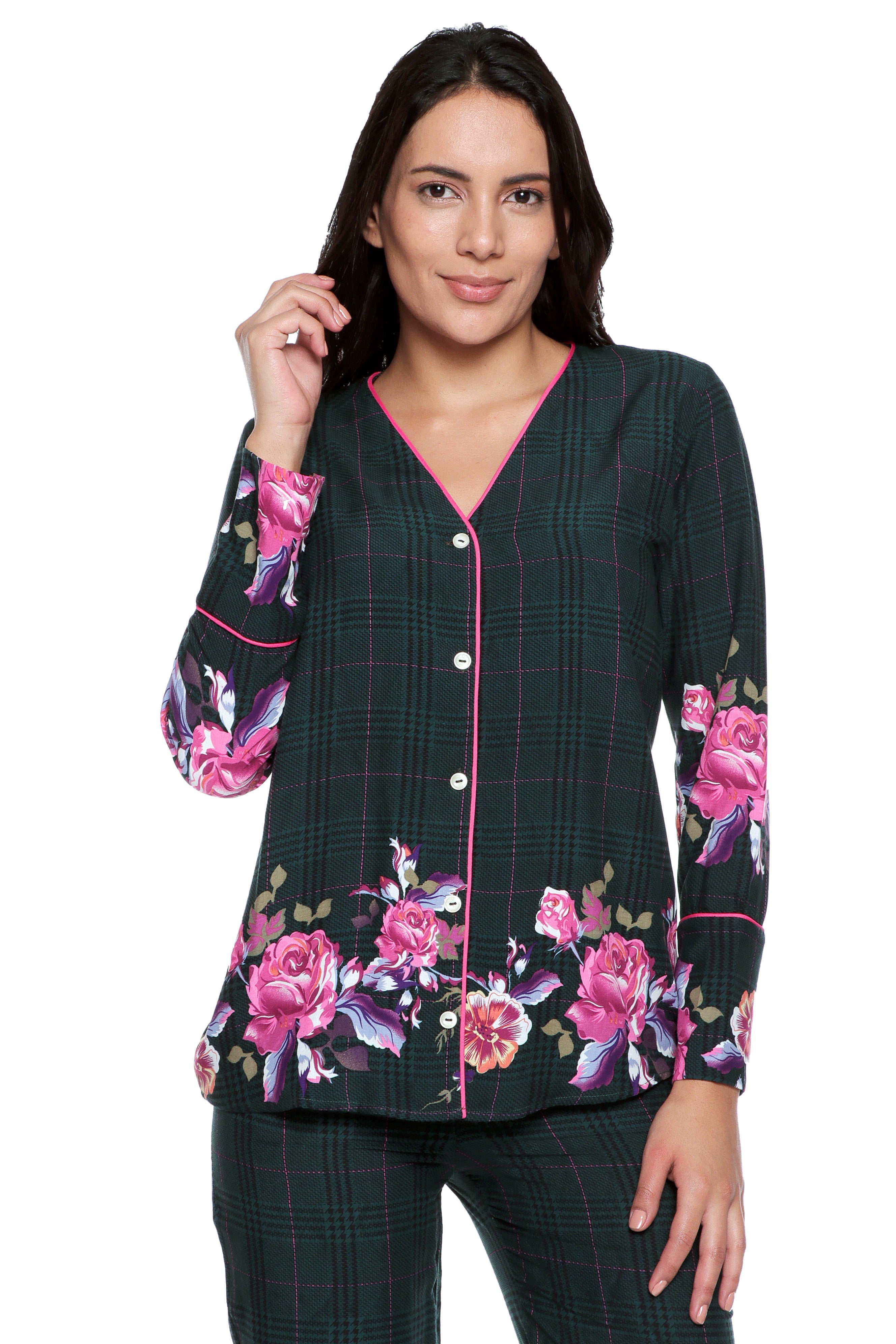 Comfy Plaid Pajama Set with V-Neck Shirt.