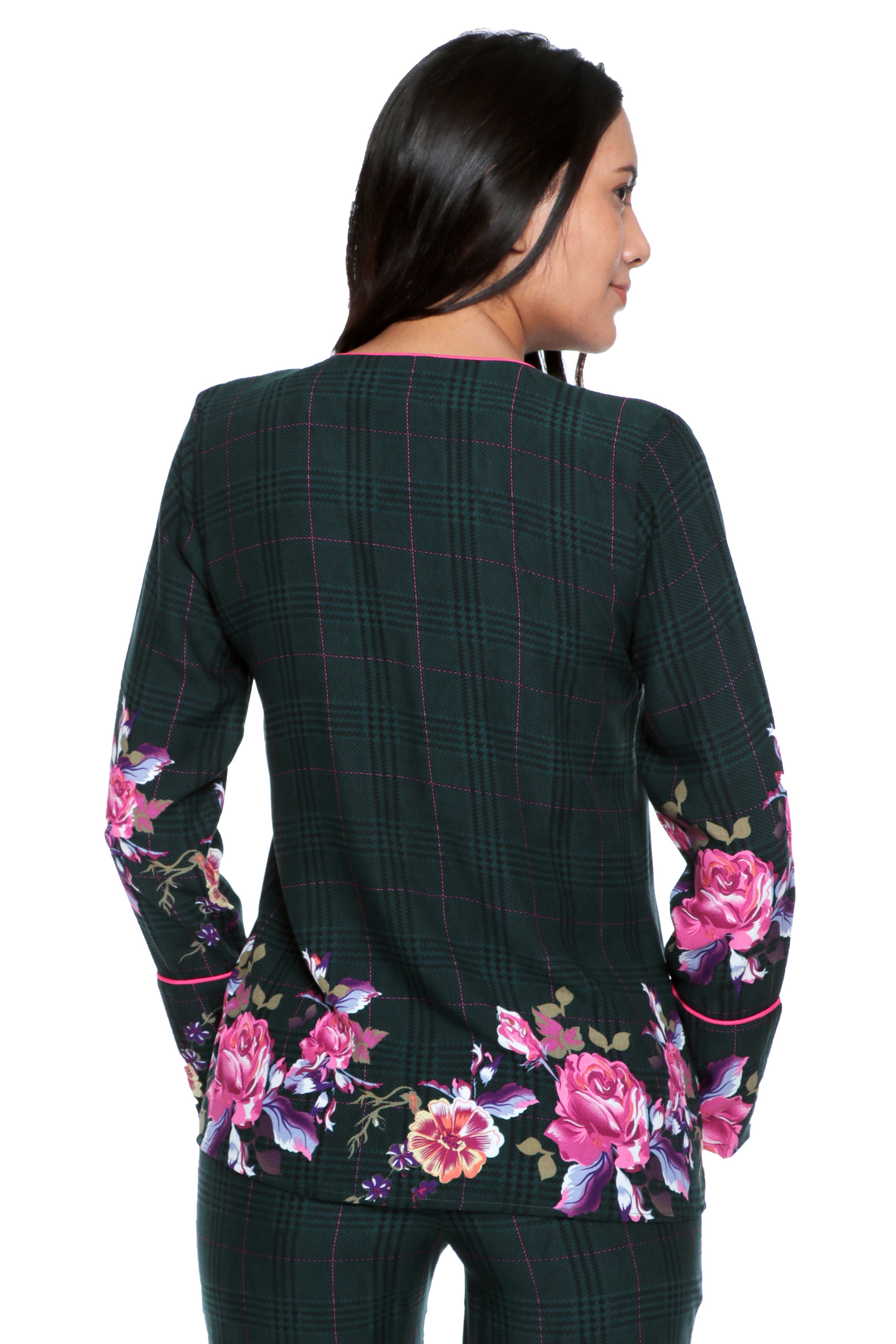 Comfy Plaid Pajama Set with V-Neck Shirt.