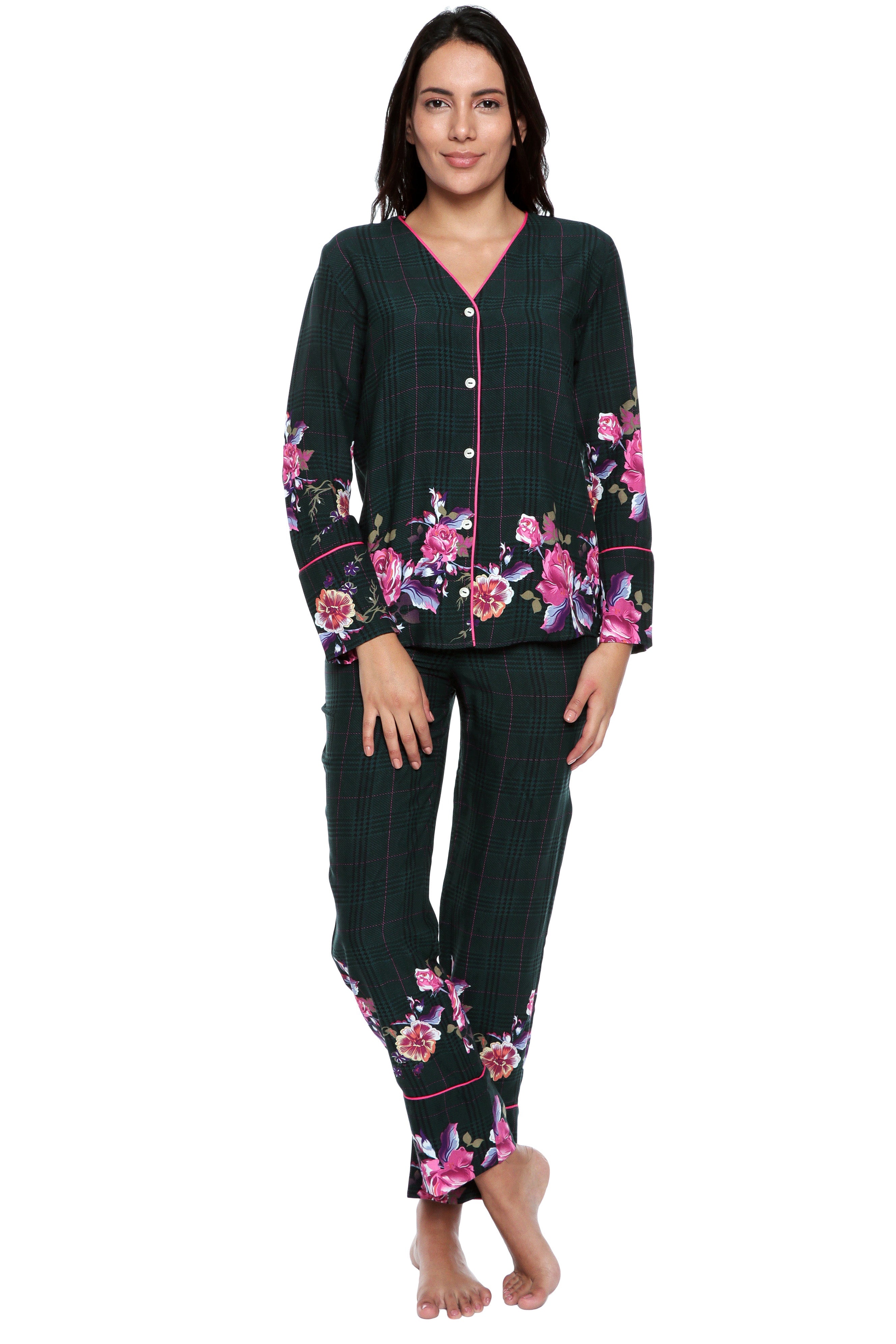 Comfy Plaid Pajama Set with V-Neck Shirt.