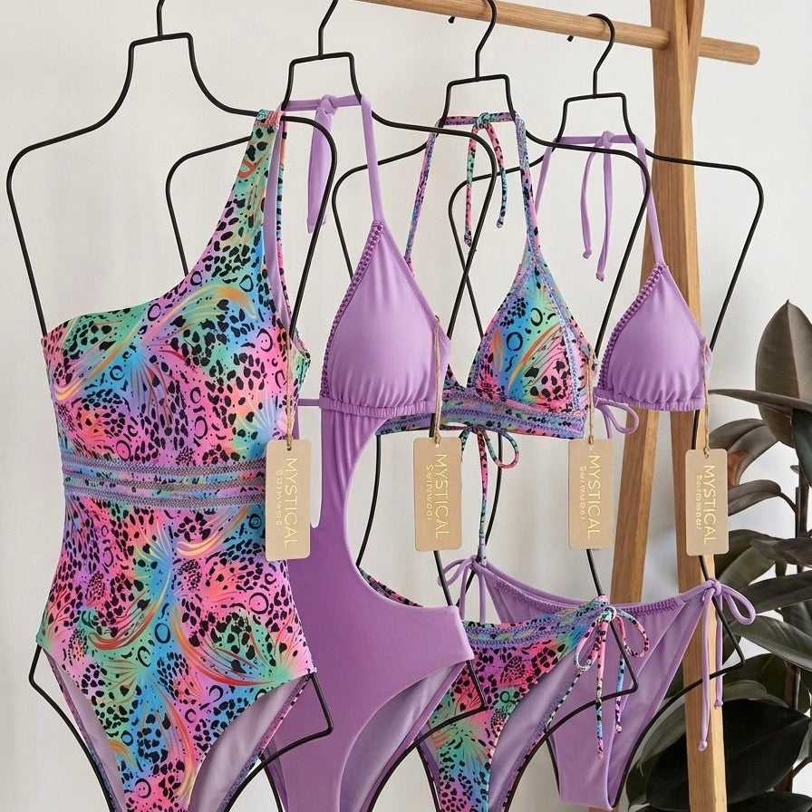 Rainbow Leopard One Piece Swimsuit , Asymmetric One Shoulder Bathing Suit,