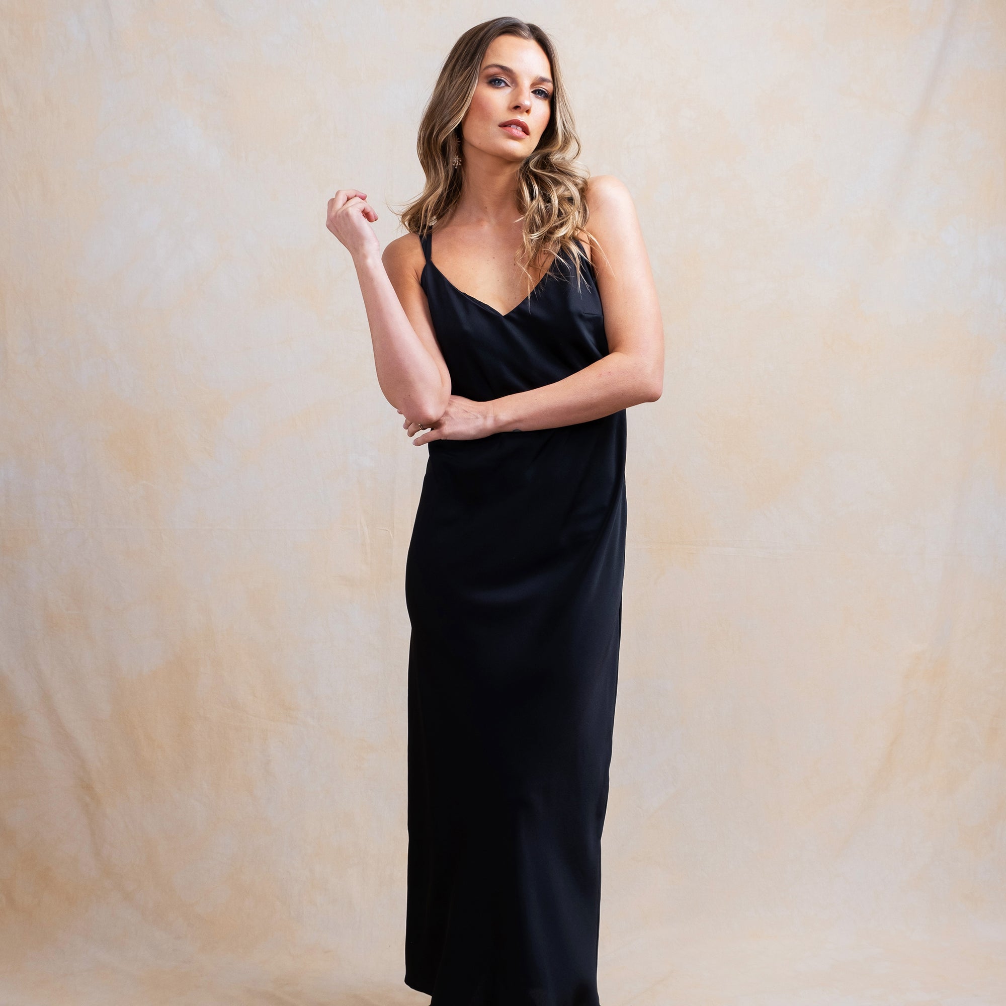 black strappy satin dress SNDYS satin strappy back thigh slit maxi dress in black