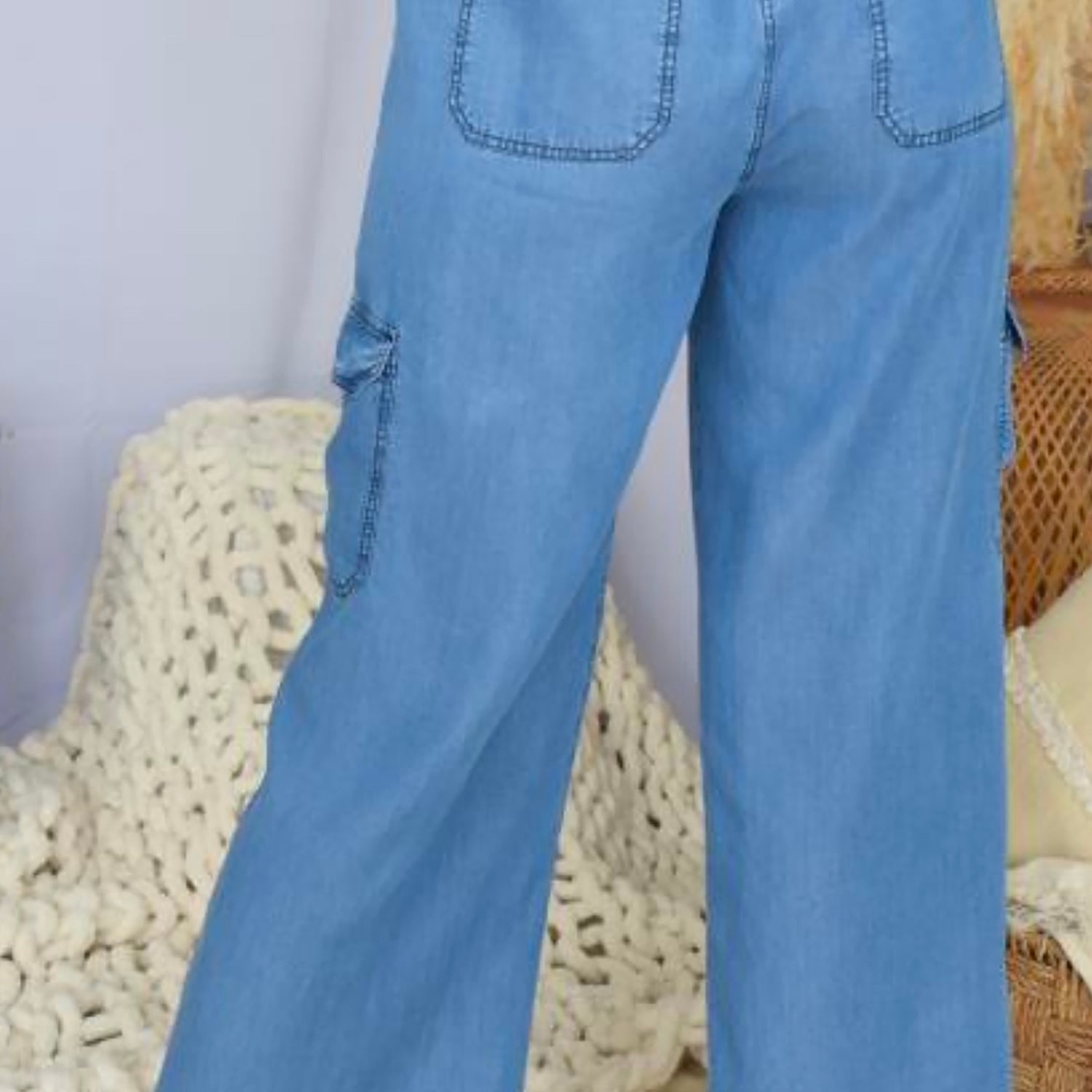 Wide-Leg High-Rise Denim Cargo Pants