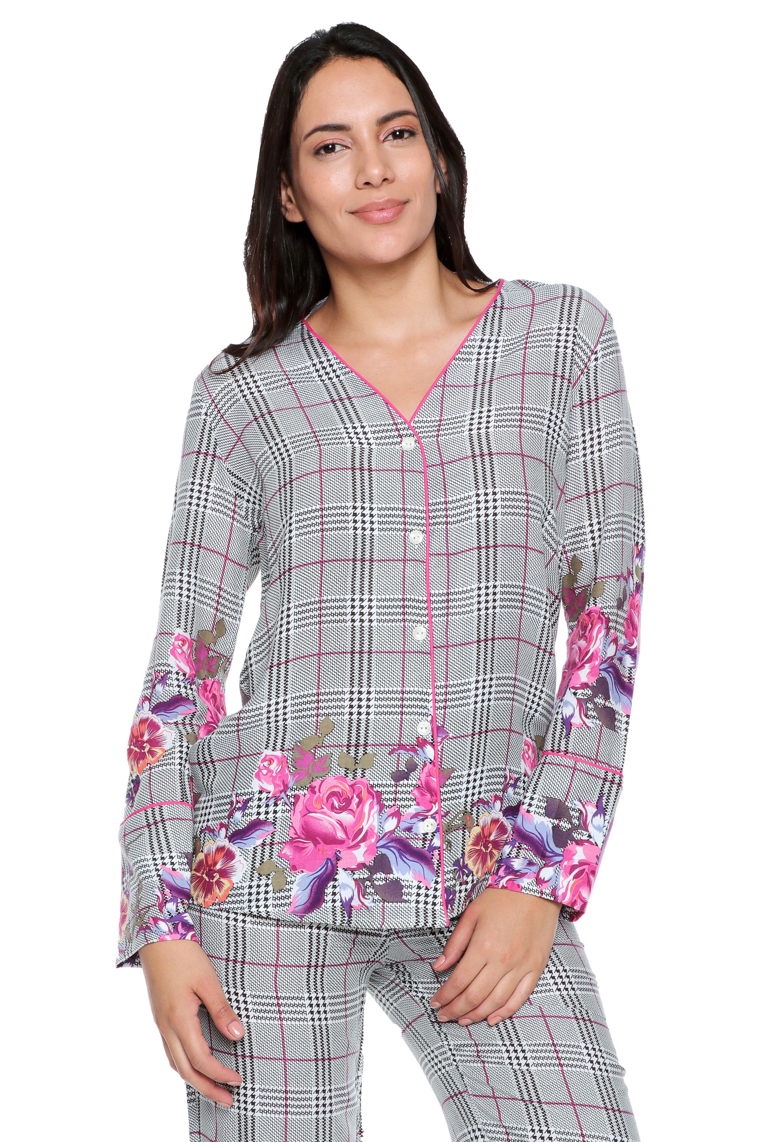 Comfy Plaid Pajama Set with V-Neck Shirt.
