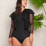 Waterfall Ruffle Bodysuit with Transparent Mesh Sleeves