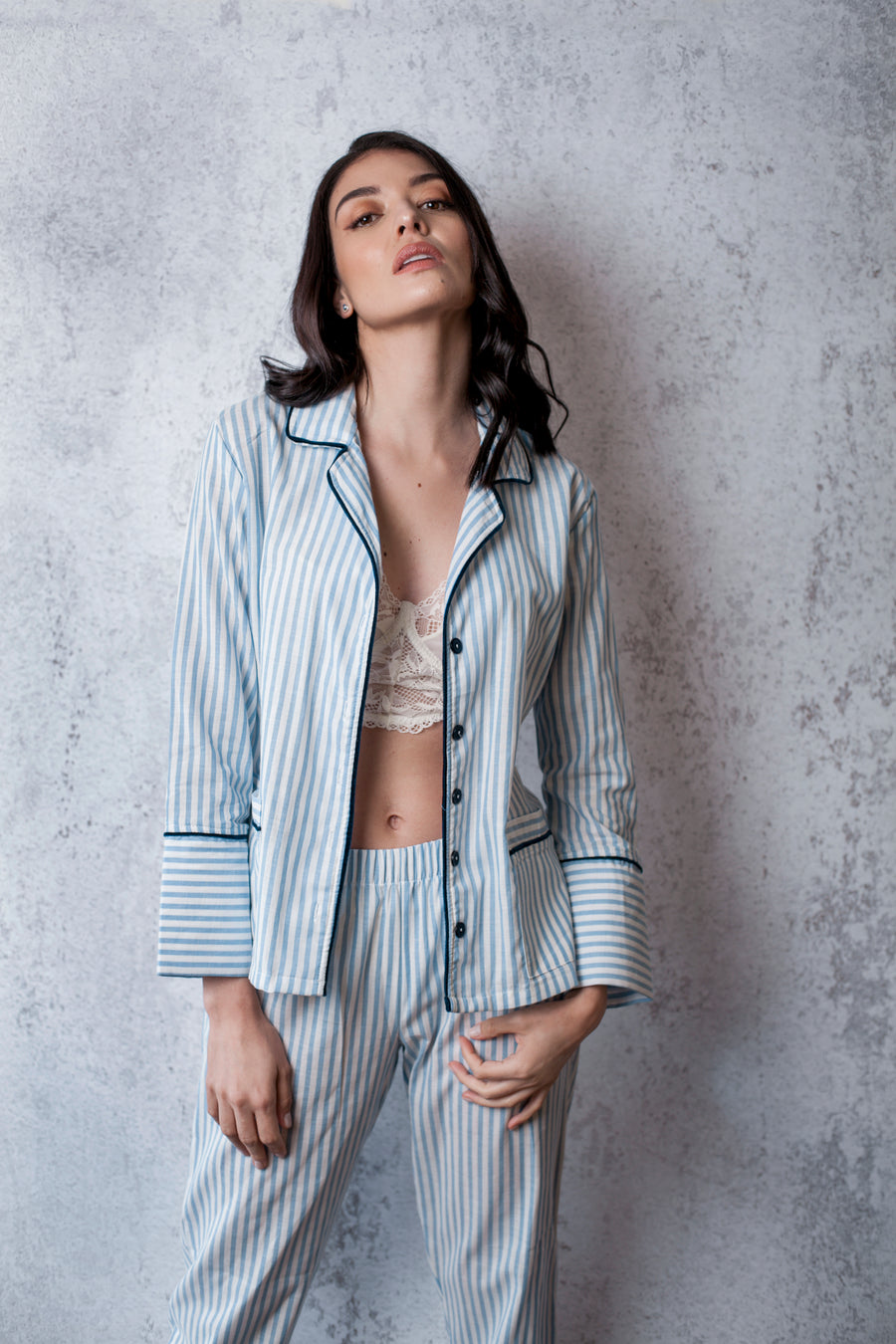 100% Cotton Striped Pajama Set with Velvet Details