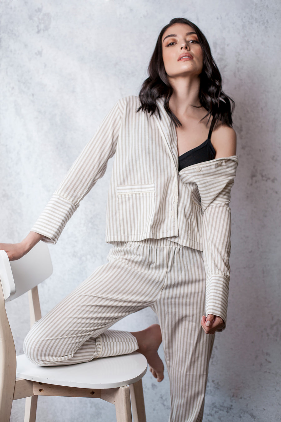 100% Cotton Striped Pajama Set with Velvet Details