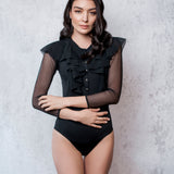 Waterfall Ruffle Bodysuit with Transparent Mesh Sleeves