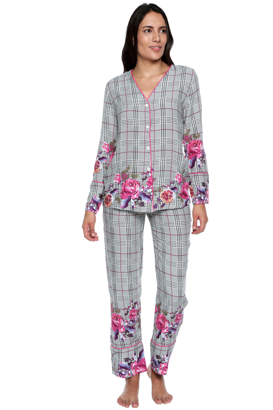 Comfy Plaid Pajama Set with V-Neck Shirt.